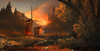 Sunset, Art, Forest, Fairy, Fabulous, Mill HD wallpaper