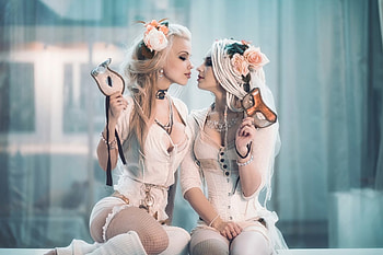 Two Beauties, model, Corset, women, girl, beauty HD wallpaper
