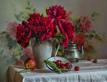 Peonies and sweet cherries, Kettle, Cherries, Apples, Peas HD wallpaper