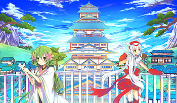 anime, kimono, birds, town, japanese clothing, homes, trees, balcony view, happy, mountains, friends, brown eyes, japanese buildings, white hair, clouds, green hair, sky, smiles, girls, flowers, blush, green eyes HD wallpaper