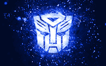 Transformers dark blue logo, , dark blue neon lights, creative, dark blue abstract background, Transformers logo, cinema logos, Transformers HD wallpaper