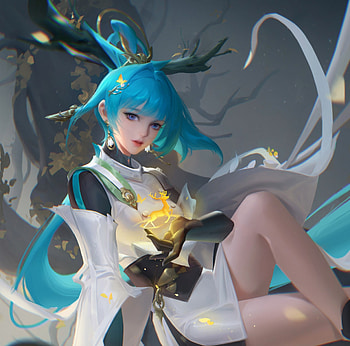 Fantasy girl, blue, golden, fantasy, lightwingacademy, deer, girl, lightwing academy HD wallpaper