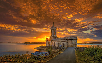 Abandoned Church at Sunset, England, sea, boat, clouds, church, sunset HD wallpaper