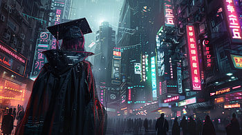 Cyberpunk Graduation, cyberpunk, graduation, cityscape, neon lights, night scene HD wallpaper