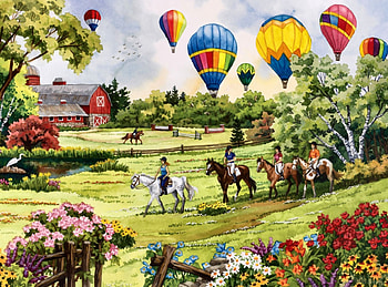 Balloons Over the Pasture F1, art, landscape, flight, beautiful, artwork, aviation, scenery, wide screen, horses, painting, equine, hot air balloons, pasture HD wallpaper