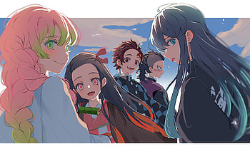 Demon Slayer : Kamado & Hashira United, Muichiro Tokito, Genya Shinazugawa, Tanjiro Kamado, Nezuko Kamado, Mitsuri Kanroji, Anime, Demon Slayer: Kimetsu no Yaiba HD wallpaper