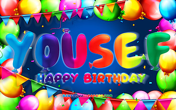Happy Birtay Yousef, , colorful balloon frame, Yousef name, blue background, Yousef Happy Birtay, Yousef Birtay, popular american male names, Birtay concept, Yousef HD wallpaper
