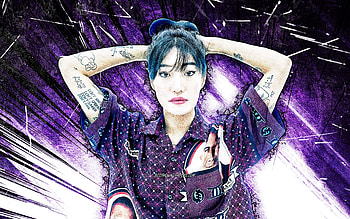 Peggy Gou, grunge art, music stars, South Korean DJs, violet abstract rays, South Korean celebrity, Peggy Gou HD wallpaper