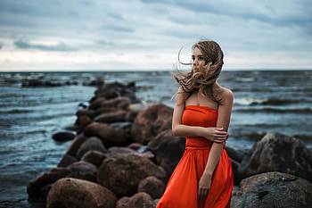 Girl In Orange Dress At Beach , girls, orange-dress, model HD wallpaper