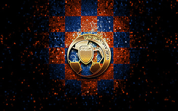 Hapoel Ironi Rishon FC, glitter logo, Leumit League, orange blue checkered background, soccer, Israeli football club, Hapoel Ironi Rishon logo, mosaic art, football, Hapoel Ironi Rishon HD wallpaper