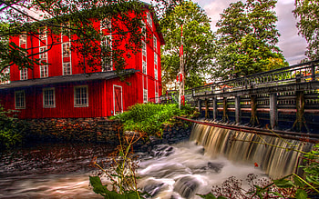 Beautiful..., river, colorful, windows, colors, peaceful, beauty, red house, trees, water, architecture, window, mill, house, beautiful, tree, water mill, stones, leaves, red mill, pretty, green, red, view, waterfall, bridge, nature, lovely, splendor HD wallpaper