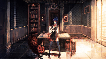 Are you ready?, chair, yellow eyes, purple hair, skull, school uniform, beauty, window light, books, sunglasses, door, compter, glasses, desk, dask, female, sexy, art, room, awsome, beautiful, school girl, anime girl, super meat boy, anime, box, cool, angry HD wallpaper