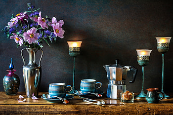 Still life, Flowers, Mug, Candlesticks, Coffee pot HD wallpaper
