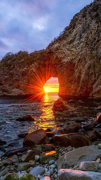 Sunset through arch of Beach rock, sunset, earth, nature, arch HD phone wallpaper