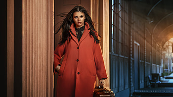 City Chic: Model in Red Coat —, woman, model HD wallpaper
