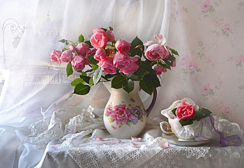 Roses, Flowers, Lace, Mood, Vase HD wallpaper