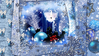 Christmas Candle Blue, blue, glow, firefox persona, new years, ribbons, stars, bows, burning, xmas, snowflakes, bow, ribbon, berries, balls, holly, candle, christmas, feliz naviada HD wallpaper