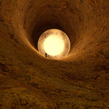 Silhouette, 3D, Ball, Glow, Cave HD phone wallpaper