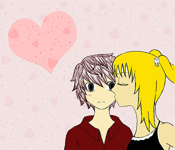 Kiss , sweet, blonde, girl, littlemissgothic, guys, pink, anime, boy, love, couple, hearts, kiss, heart, guy, lovely HD wallpaper