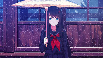 Umbrella, blue eyes, anime girl, winter HD wallpaper