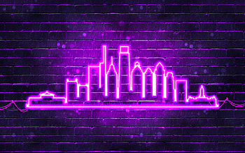 Philadelphia violet neon silhouette, , violet neon lights, Philadelphia skyline silhouette, violet brickwall, american cities, neon skyline silhouettes, USA, Philadelphia silhouette, Philadelphia HD wallpaper