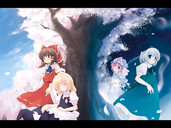 Under the Sakura, reimu hakurei, anime, sakura, yuyuko saigyouji, touhou, marisa kirisame, youmu konpaku HD wallpaper