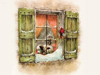 Wish I Was With You 1, dog, winter, window, art, red bird, giordano, puppy, painting, snow, cardinal HD wallpaper