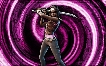 Michonne, purple grunge background, Fortnite, vortex, Fortnite characters, Michonne Skin, Fortnite Battle Royale, Michonne Fortnite HD wallpaper