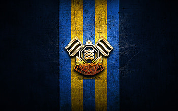 Imabari FC, golden logo, J3 League, blue metal background, football, japanese football club, Imabari FC logo, FC Imabari HD wallpaper