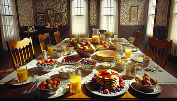Homestyle Breakfast Feast, breakfast, fruit, pancake, table setting, orange juice HD wallpaper