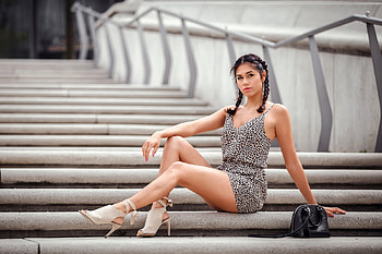 Brunette Posing on the Steps, model, dress, braids, brunette, high heels HD wallpaper