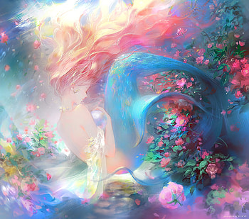 Mermaid, blue, sirena, art, girl, summer, pink, fantasy, luminos, dadachyo HD wallpaper
