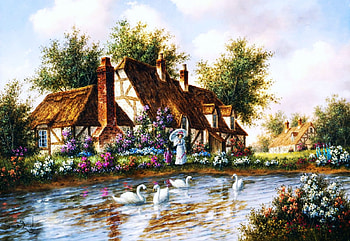 Admiring The Swans, trees, flowers, cottage, pond, painting HD wallpaper