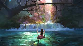 Girl On Swing, artist, artwork, digital-art, art, nature, artstation HD wallpaper