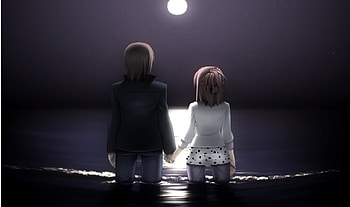 the moon coupel, sea, coupel, boy, moon, clear sky, girl, beach HD wallpaper