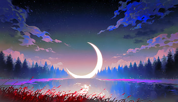 The Edge Of Midnight, moon, sky, clouds, cloud, lake, red, star, artist, artwork, art, digital-art, ai, deviantart HD wallpaper