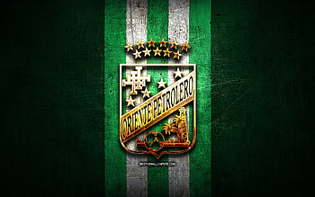 Oriente Petrolero FC, golden logo, Bolivian Primera Division, green metal background, football, Venezuelan football club, Oriente Petrolero logo, soccer, Venezuelan Primera Division, CD Oriente Petrolero HD wallpaper