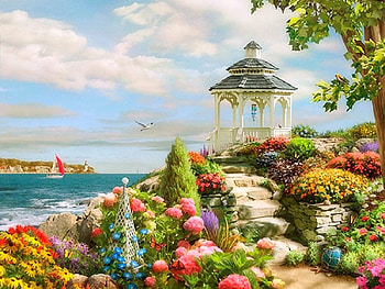 Paradise, sea, birds, art, park, sailboats, butterfly, clouds, garzebo, dream, ocean HD wallpaper