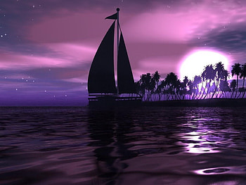 Purple sunset, sea, river, purple, moon, clouds, sailboat, sunset HD wallpaper