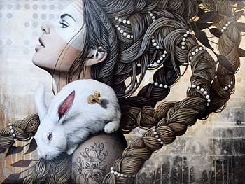 Alice, fantasy, sophie wilkins, portrait, face, girl, rabbit, bunny, painting, pictura HD wallpaper