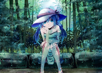 Hatsune Miku, cute, vocaloid, bamboo, twin tails, long hair, dress, miku, vocaloids, moon, twintails, hat, female, sexy, blue eyes, woods, hot, blue hair, girl, anime girl, anime, green, gown, forest HD wallpaper