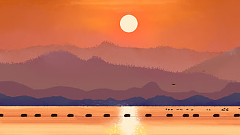 Warm Orange Sunset Over Misty Layered Mountains And Water, orange, sunset, mist, mountains, water, artist, artwork, art, digital-art, 8-bit, deviantart HD wallpaper