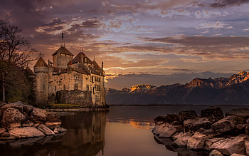 Chillon Castle, Lake Geneva, evening, sunset, ancient castle, Alps, mountain landscape, Chillon, Switzerland HD wallpaper