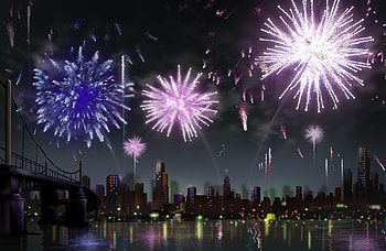 Digital art, city, night, fireworks HD wallpaper