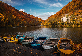 Colored Row Boats , boats, lake, graphy HD wallpaper