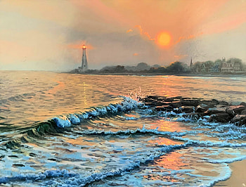 Cape May Light, sea, artwork, lighthouse, waves, painting, water, sun, sunset HD wallpaper
