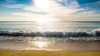 Ocean Waves Splashes Beach Sand Under Blue Sky Sunrays Nature HD wallpaper