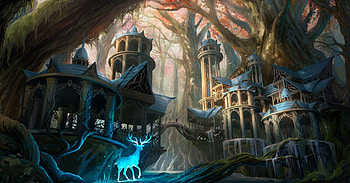 Old City, blue, fantasy, art, city, deer, luminos, panjoool, dark HD wallpaper