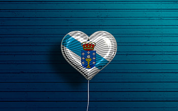 I Love Galicia, , realistic balloons, blue wooden background, Day of Galicia, Communities of Spain, flag of Galicia, Spain, balloon with flag, spanish communities, Galicia flag, Galicia HD wallpaper