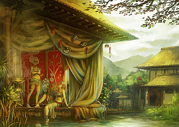 A peaceful day, blue, river, day, couple, water, art, house, girl, incense, tree, anime, yellow, red, smoke, sky, lantern, manga, terrace HD wallpaper